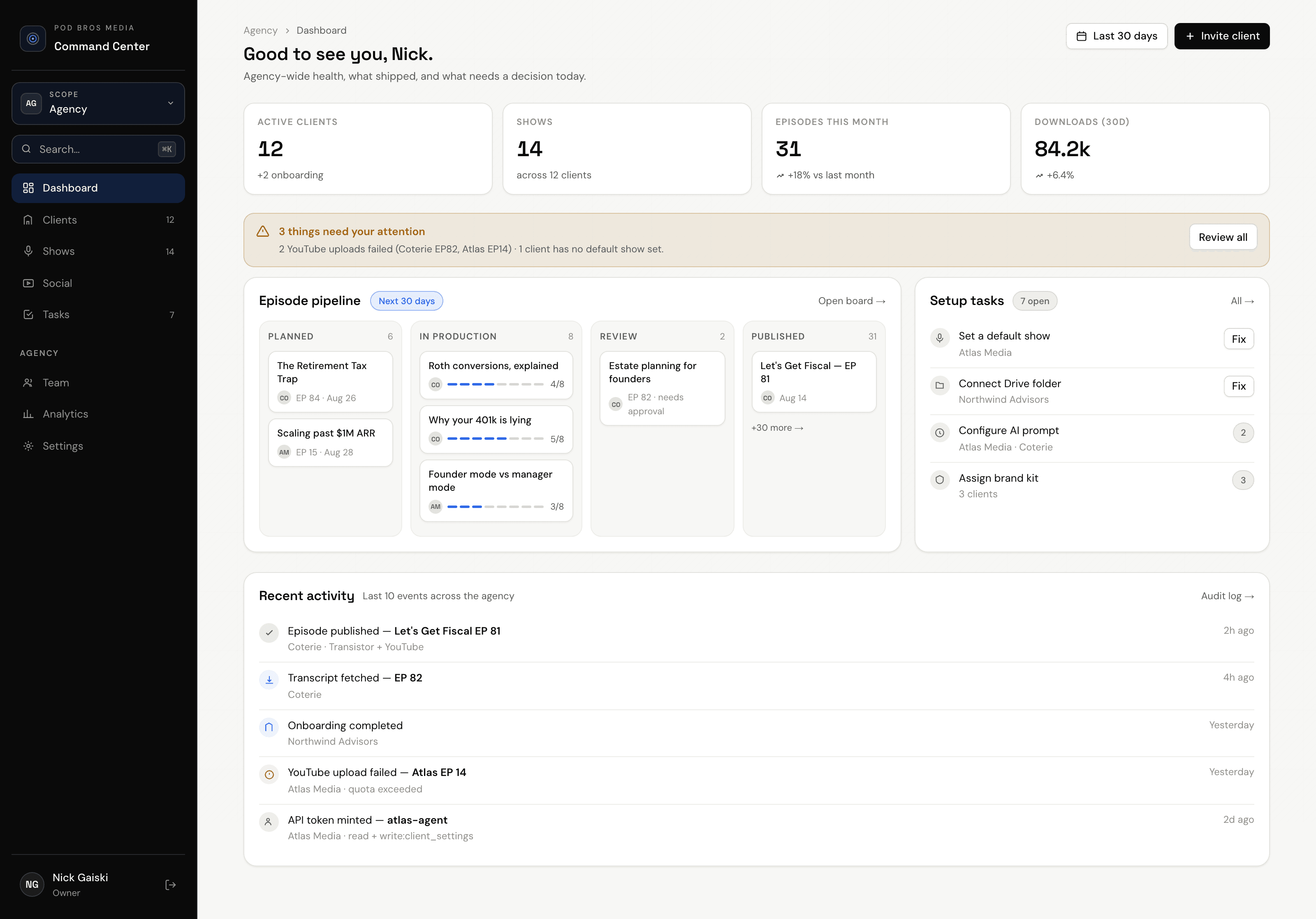 Agency dashboard with pipeline and setup tasks