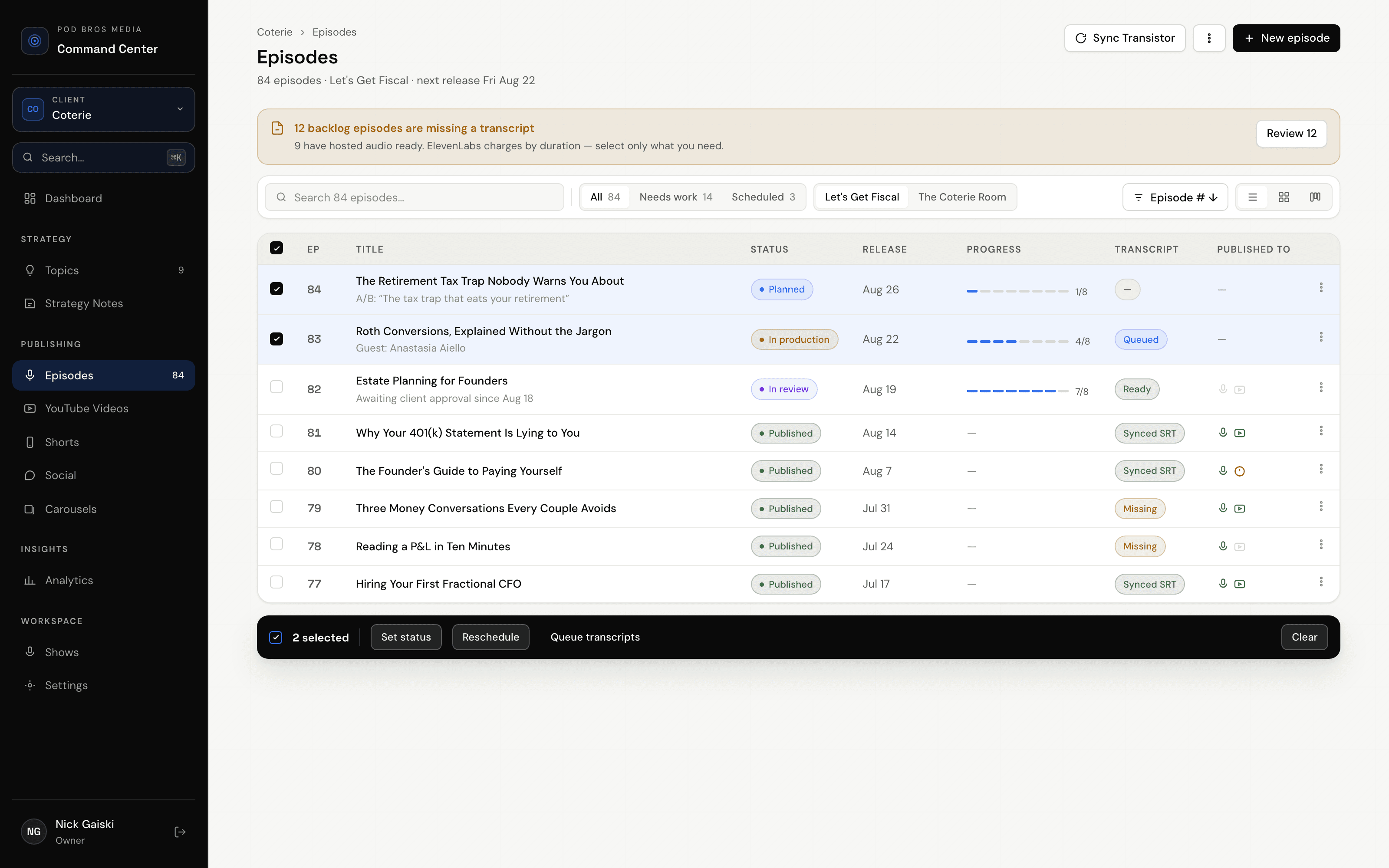 Episodes pipeline in Showpress